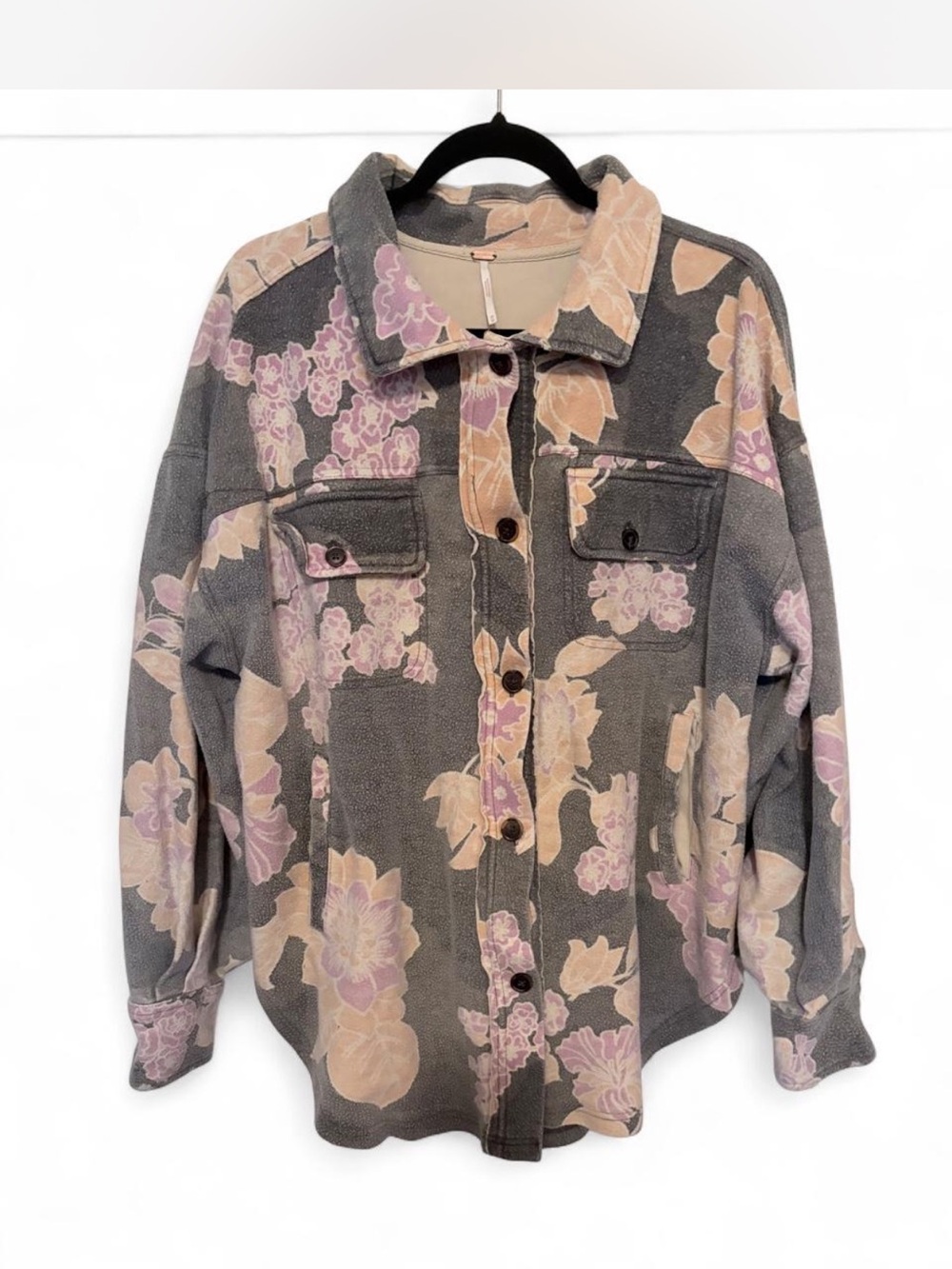 Free People Floral Button-Front Jean Jacket in Gray and Blush